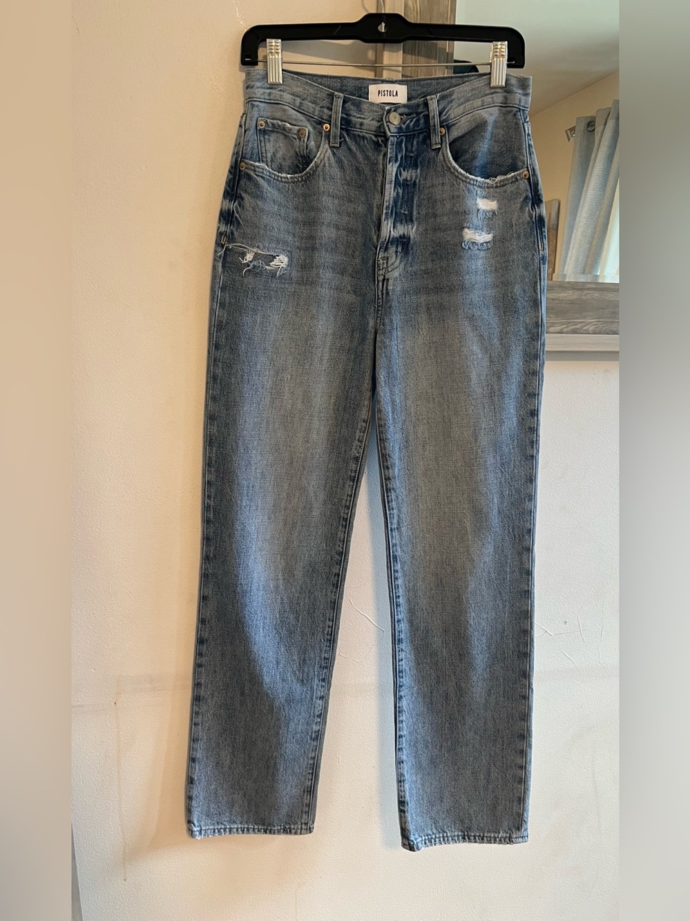 pistola Straight Jeans in Washed Blue with Light Distress